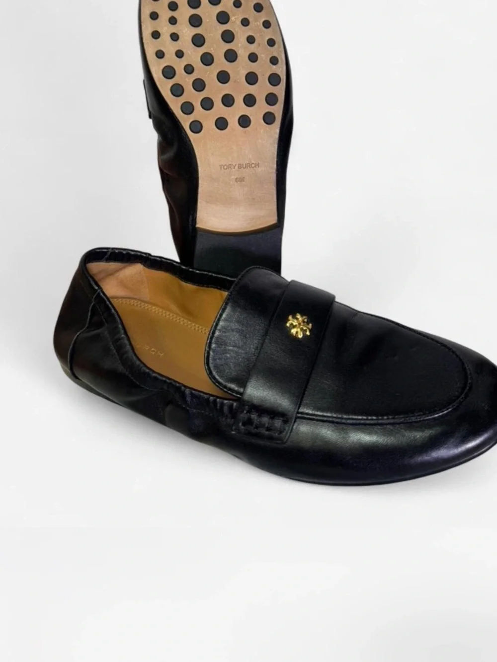Tory Burch Black Leather Loafers with Gold Logo